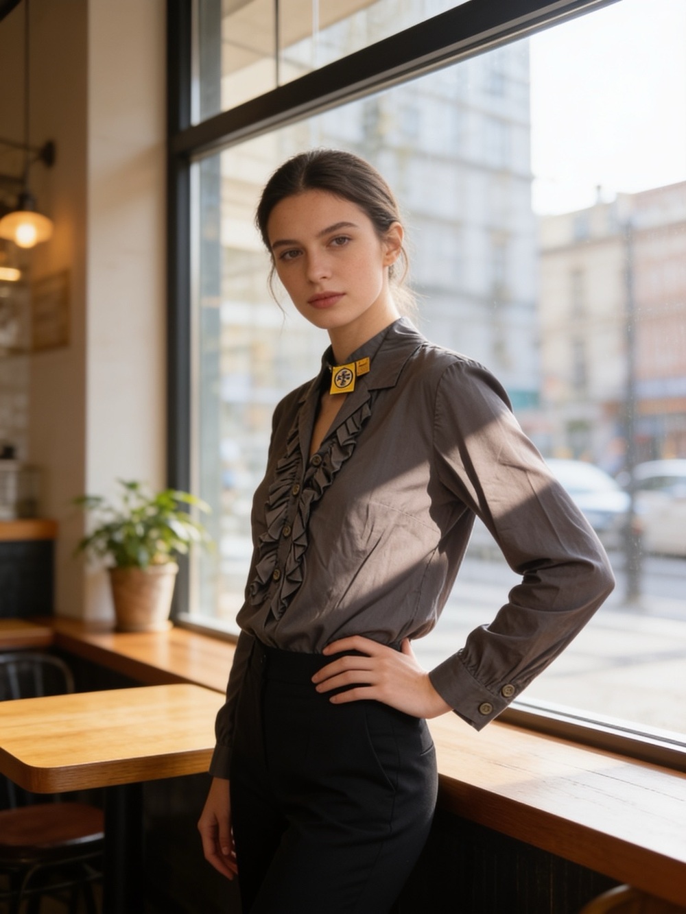 Tory Burch Slate Gray Ruffle Front Blouse with Yellow Collar Pin